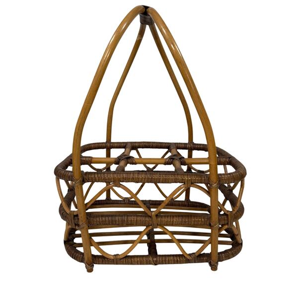 Vintage Woven Bamboo Bent Handle Basket Rustic Boho Farmhouse Decor 18” - Picture 8 of 9